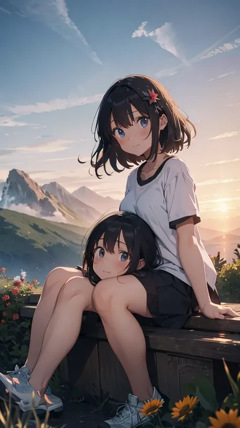 a beautiful mountain, a boy and girl sitting on the mountain watching the sunset, mountains, flowers, sunset, sunny, couple, short clothes, moody color, anime style,