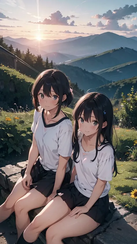 a beautiful mountain, a boy and girl sitting on the mountain watching the sunset, mountains, flowers, sunset, sunny, couple, short clothes, moody color, anime style,