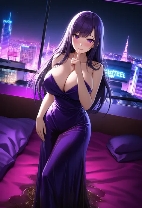 woman, very dark purple hair, purple eyes, long hair, large breasts, very long dress, very tight dress, standing, (wetting herself:1.5), best quality, ultra-detailed, HDR, studio lighting, professional, vivid colors, sharp focus, bokeh, landscape, love hot...