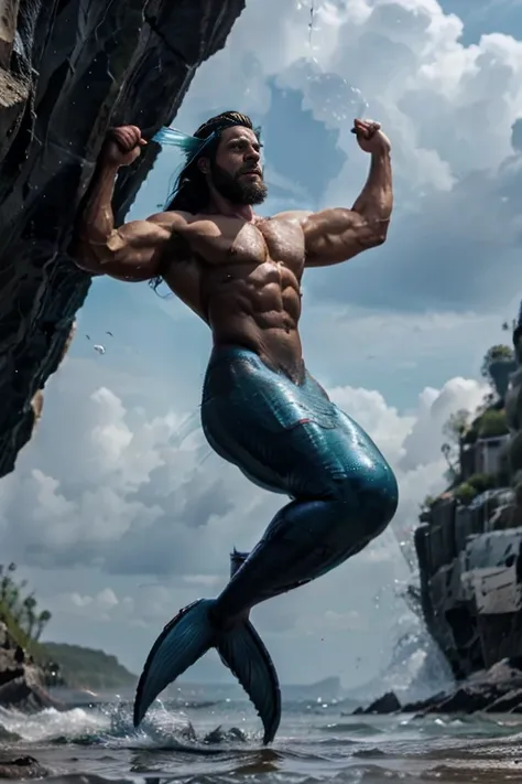 Two muscle male mermaids, merman, muscles, two male bodybuilder, blue mermaid tails, short beard, black hair, jumping from water, water twister, rocks, wallpaper