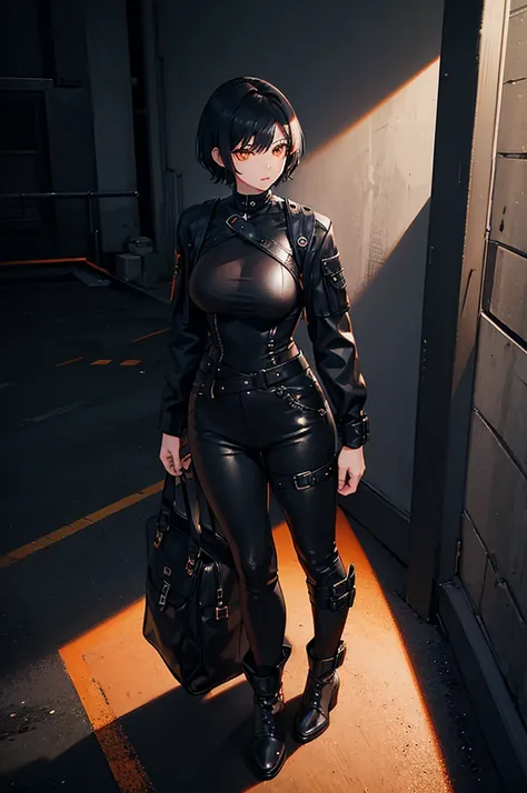 1woman, short hair, black hair, orange eyes, black leather outfit, standing on ground, high res, ultra sharp, 8K, masterpiece