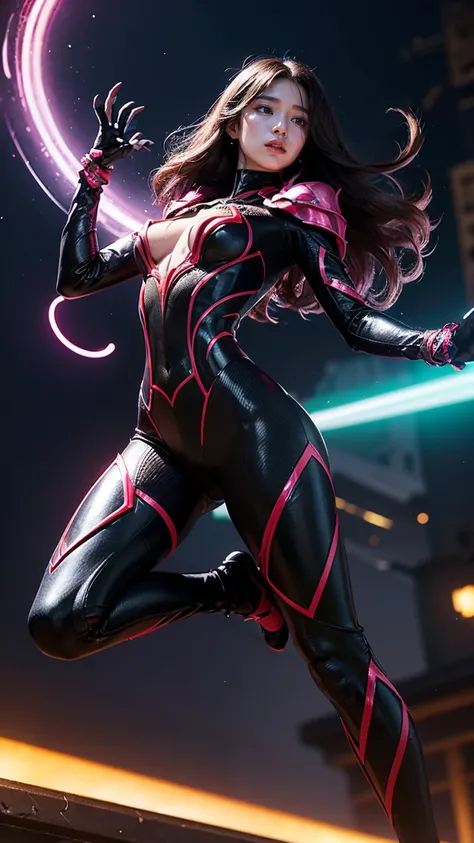 Depict Elise from League of Legends in her Super Galaxy skin, massive k-cups,clad in futuristic, high-tech armor with neon accents. Show her using her Spider Forms Venomous Bite, leaping towards her target with mechanical legs and emitting a trail of glowi...