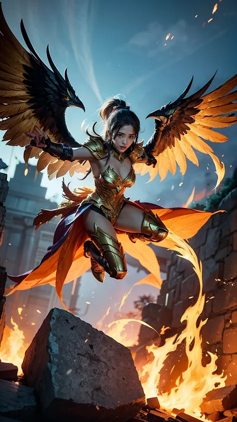 Imagine Quinn from League of Legends in her Phoenix skin, massive k-cups,featuring fiery, golden armor and a majestic, mythical bird aesthetic. Capture the moment she activates her Heightened Senses ability, with Valor soaring high and revealing enemy posi...