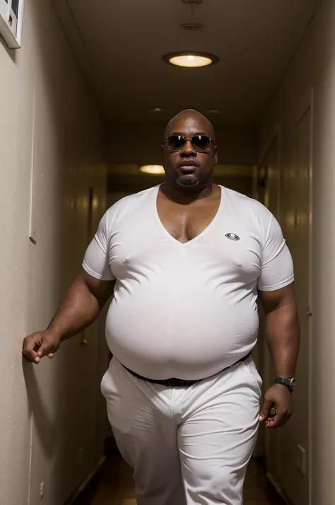 (8K Graphic Art) (bottom of a narrow hallway) sexy: A single bald African man without hair, obese, serious, 40 year old grumpy 35 meter tall bodyguard, corpulento de barriga con una forma redonda con un cuerpo obese completo, wearing a white uniform shirt,...