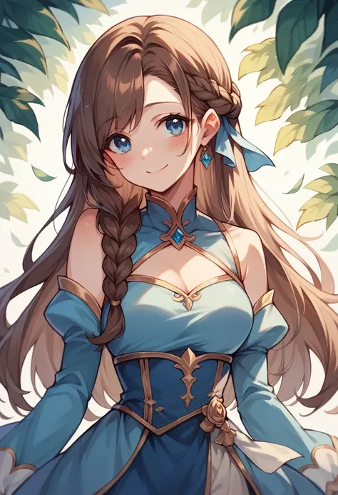 girl, beautiful girl, brown hair, long hair, braid hair, blue eyes, cute blue outfit, smile, little blush