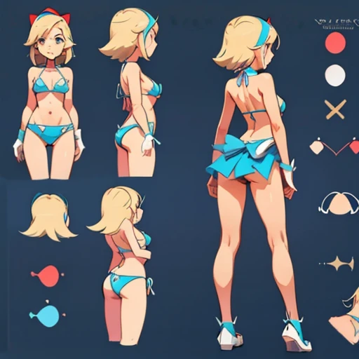 Sexy mini bikini  design inspired by alice in Wonderland  (Alicia), in various views (front and back)  ((Character sheet))