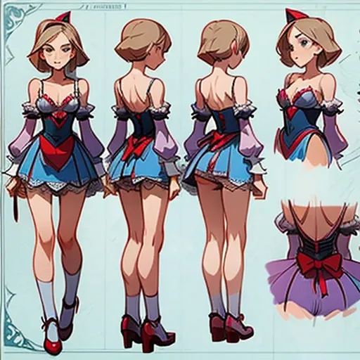 Erotica Lingerie design inspired by alice in Wonderland  (Alicia), in various views (front and back)  ((Character sheet))x