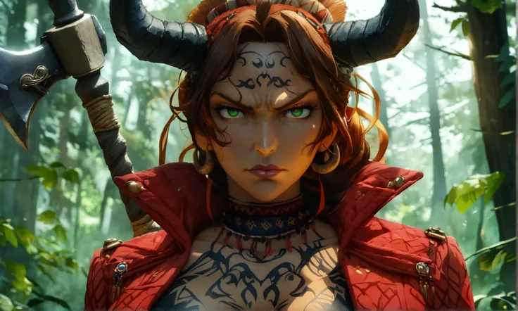 Mature, strong and large woman, serious, mature face, angry expression, dark skin, medium brown hair, green eyes, red jacket with axe ornaments, black horns, tribal tattoos, black blouse, holding an axe, forest background, "Anime character design inspired ...