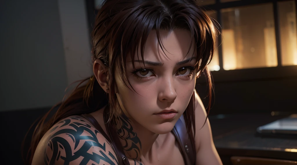 revy from black lagoon, nude, neon lights, the artwork is rendered in an edgy and realistic style, with high attention to detail...