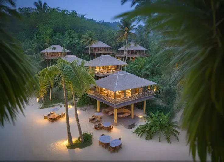 there is a thatched hut on the beach with chairs and tables, beach bar, (bamboo column), in a beachfront environment, bamboo hut...