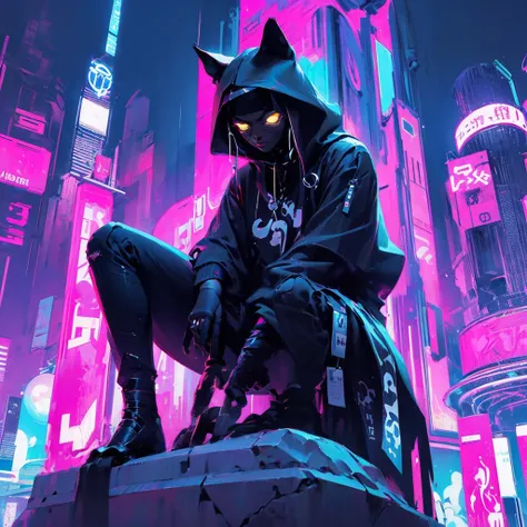 a black cat sitting on top of a white statue, cyberpunk streetwear, tending on art station, name of the character is chad, featu...