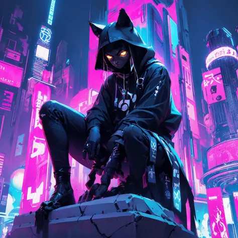 a black cat sitting on top of a white statue, cyberpunk streetwear, tending on art station, name of the character is chad, featu...