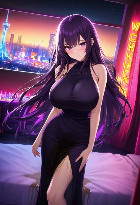 woman, very dark purple hair, purple eyes, long hair, large breasts, very long dress, very tight dress, standing, (wetting herse...