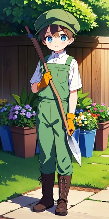 Full body, beautiful eyes , 1 boy  , full body , cute boy , anime style , cute eyes  , (standing up) ,boy, (Gardeners are typically dressed in practical, nature-themed attire suitable for outdoor work. They wear wide-brimmed hats or caps to shield themselv...