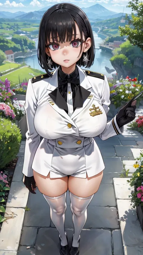 Face Focus , ((Highest quality)), ((Tabletop)), Perfect Face, （((White knee-highs))) ,   Official Art,Black knee-high socks,Beautiful Face,Standing posture,White tights,((((Thick thighs)))),short hair,Black Hair,Plump,((((uniform)))),((((Black gloves)))),E...