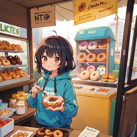 girl in hoodie having breakfast at a doughnuts stall