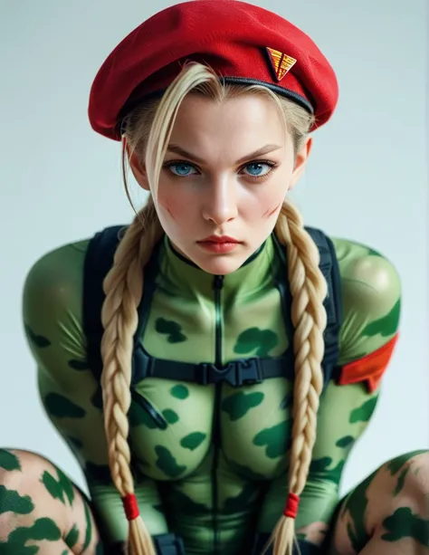 Digital illustration of a female character Cammy White with a muscular build, wearing a green, form-fitting bodysuit. She has long blonde hair styled in two braids, a red beret, and red gloves. Her facial expression is serious, with blue eyes and a determi...