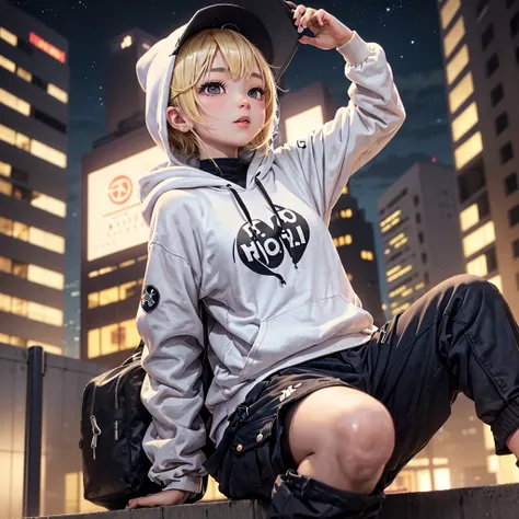 1人の女の子, ピクサー, "An image of a woman with blonde bobbed hair sitting in an urban night scene, looking up at the sky. She has YUKA written on her back, is wearing a white hoodie and baggy black cargo pants."