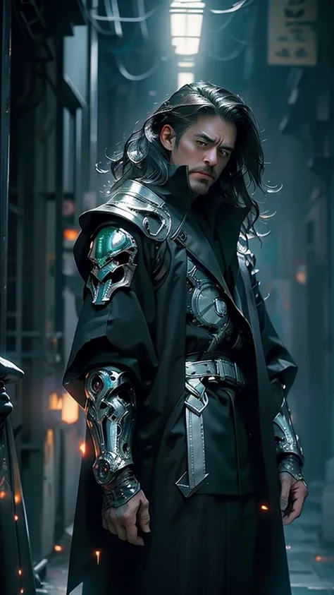 A striking full-body portrait of Doctor Doom, portrayed by Robert Downey Jr., standing confidently in a dramatic pose. He is clad in a gleaming silver armor that reflects light, with intricate designs showcasing his regal status. A flowing green cloak bill...