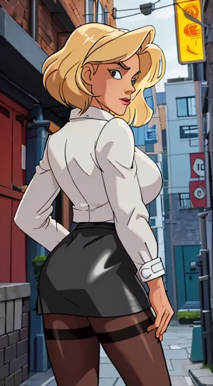 ((masterpiece, best quality)),solo,1girl, loriloud,  loud, large breasts, highres, blonde hair, short hair, detailed, soft lighting, outdoors, pantyhose, lingerie, black skirt, black leather jacket, white shirt, background : alleyways, rear view