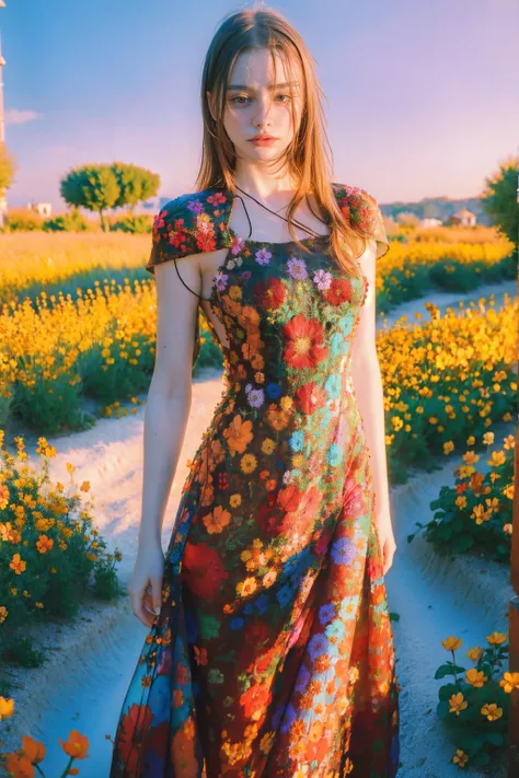 woman, flower dress, colorful, epic background,flower armor, blue theme, NOT Dasha Taran, UHD 32K lossless photography like