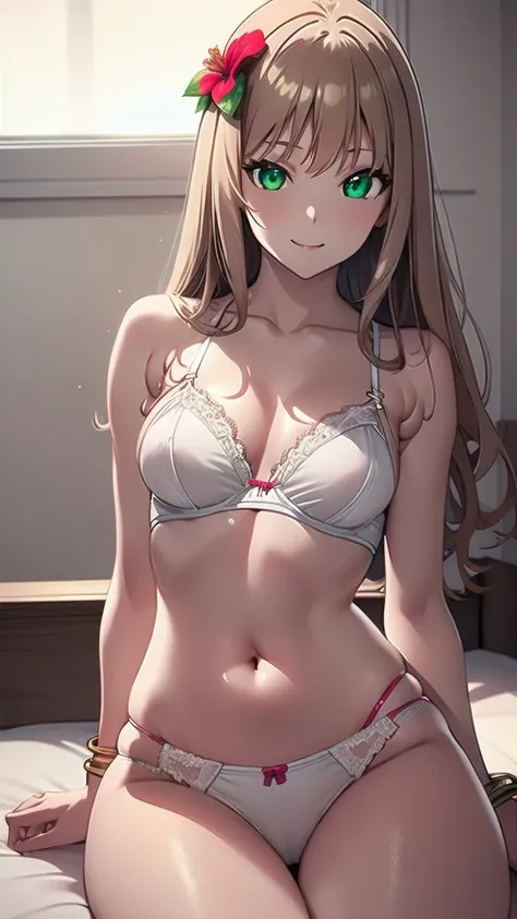 (masterpiece:1.2), (best quality:1.2), (intricate details:1.2), (anime coloring:1.1), ((top-quality)), solo girl, light brown hair, green eyes, long hair, medium breasts, sexy body and face, wavy hair, smile, (parted lips:0.9), lipstick, white lingerie, wh...