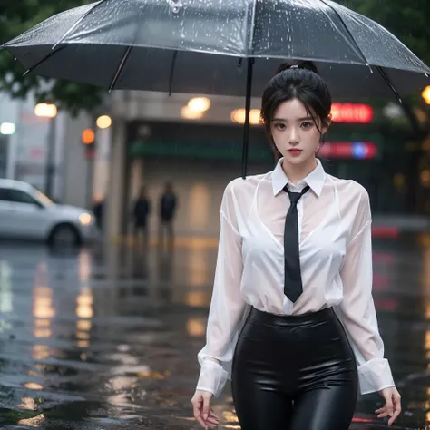 exy pose、Hair getting wet in the rain、Mr.々Hair style、ponytail、Short Hair、Transparent shirt、Beautiful woman getting wet in the rain、typhoon、Get wet without an umbrella、Beautiful woman in the rain、雨で濡れたBeautyOL、Detailed face、Realistic、beautiful girl、Beauty、O...