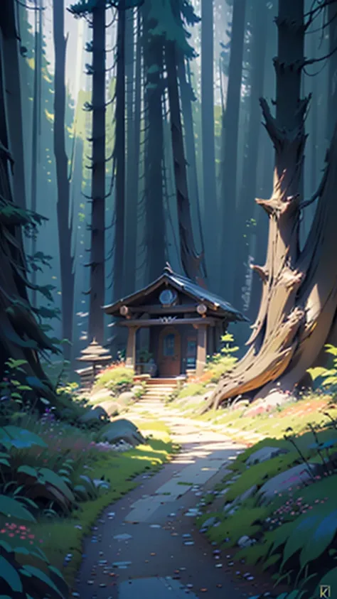 painting of a path in a forest with a bench in the middle, background artwork, anime background art, scenery artwork, anime lush john 8k woods, detailed digital painting, background art, detailed painting 4 k, painted in anime painter studio, scenery art d...