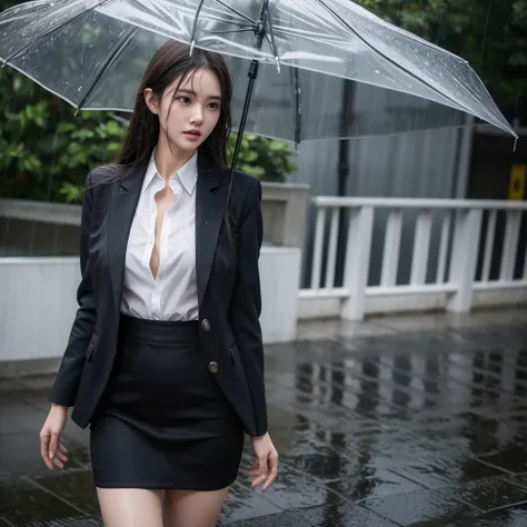 mini skirt、Leg spread、Hair getting wet in the rain、Transparent shirt、Beautiful woman getting wet in the rain、typhoon、Get wet without an umbrella、Beautiful woman in the rain、雨で濡れたBeautyOL、Detailed face、Realistic、beautiful girl、Beauty、Office Lady Uniform、bea...