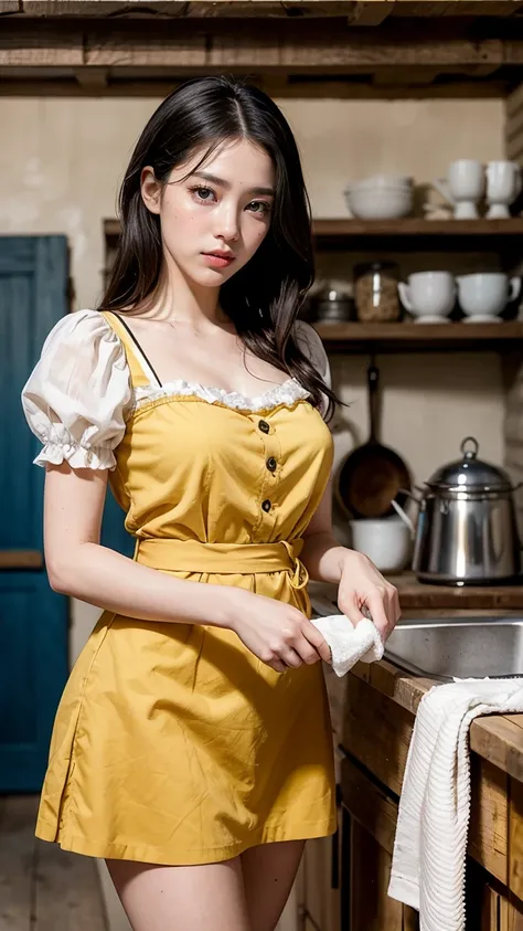 Design a scene featuring Snow White from Snow White and the Seven Dwarfs inside the dwarfs cottage,massive k-cups, She should be wearing her iconic outfit with the blue bodice and yellow skirt. Depict her cleaning or cooking, with a warm and kind expressio...