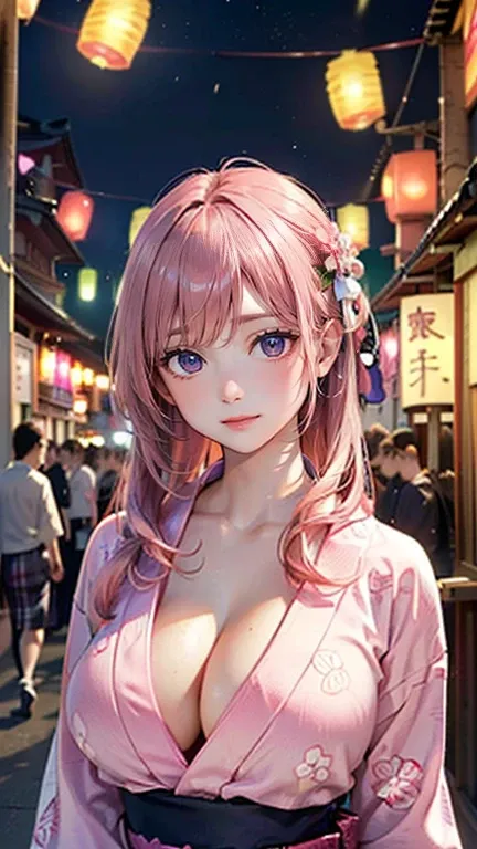 ((Highest quality, 8k, masterpiece :1.3)), (Sharp focus :1.2, Beautiful woman with perfect figure :1.4, Slim Abs), ((Big Breasts, Emphasize cleavage:1.2)), (Photorealistic:1.4), (realistic:1.4), (Pink Hair:1.5), Highly detailed face and skin texture, Fine ...