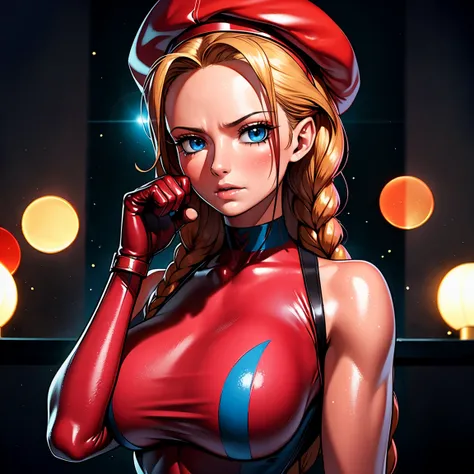 cinematic film still beautiful,masterpiece,best quality,extremely detailed face,perfect lighting,1girl,arms behind head,cowboy shot,cute,flirty,looking at viewer,cammy white,twin braids,long hair,blonde hair,antenna hair,beret,(red headwear:1.3),blue eyes,...