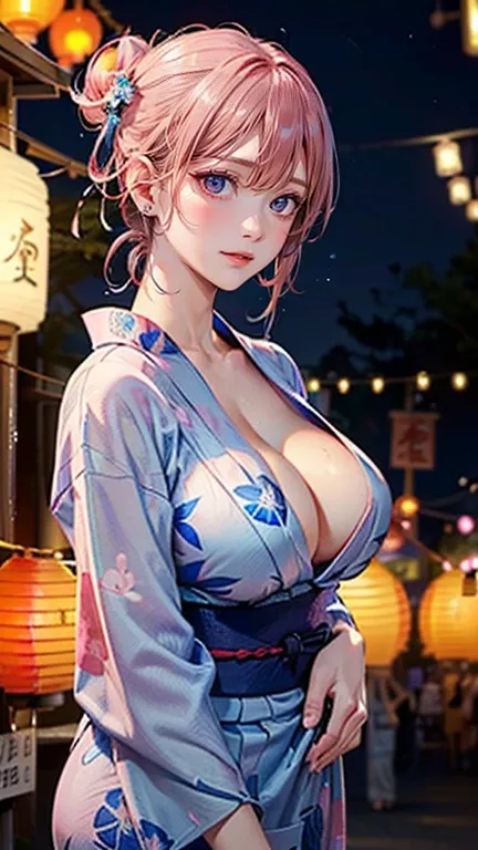 ((Highest quality, 8k, masterpiece :1.3)), (Sharp focus :1.2, Beautiful woman with perfect figure :1.4, Slim Abs), ((Big Breasts, Emphasize cleavage:1.2)), (Photorealistic:1.4), (realistic:1.4), (Pink Hair:1.5), Highly detailed face and skin texture, Fine ...