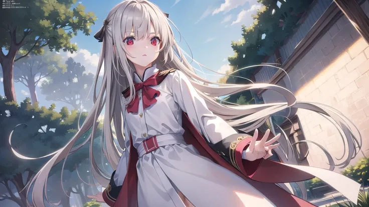 ((masterpiece)),(best quality),Official Art,Extremely detailed CG,Unity 8K wallpaper,Very detailed,Beautiful and delicate eyes,Extremely detailed face,1 teenage girl,solitary,,(whole body:1.5),With long grey hair and red eyes，White coat running under the b...