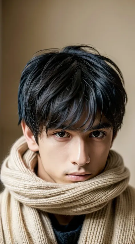 young man with black hair, partially covered face with beige and gray scarf, intense gaze, slightly messy hair, cozy indoor ligh...