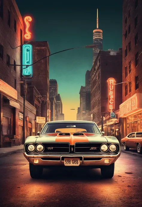 A distressed, vintage-style graphic featuring a classic muscle car cruising down a neon-lit city street. Use a faded color palette and retro typography for a nostalgic look. --ar 16:9