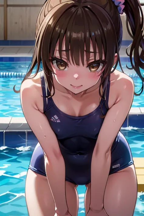 smile,Open your mouth,embarrassed, bewitching pose, (((vulgarity))), sweat,Dripping water,My whole body is wet, (股間からDripping water), Navy blue school swimsuit, (from below), (extreme close-up of thigh:1.5), spread legs,
Mikan Yuuki, (brown eyes:1.5), brow...