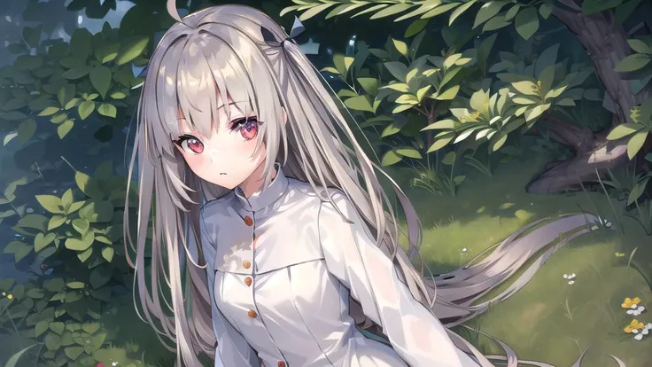 ((masterpiece)),(best quality),Official Art,Extremely detailed CG,Unity 8K wallpaper,Very detailed,Beautiful and delicate eyes,Extremely detailed face,1 teenage girl,solitary,,(whole body:1.5),With long grey hair and red eyes，White coat，sunny，The little ye...