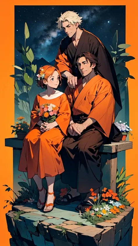 A mountain of flowers, it is a night sky, a beautiful couple is sitting, a couple is wearing short clothes, the sky is orange, moody color contrast, Anime look 