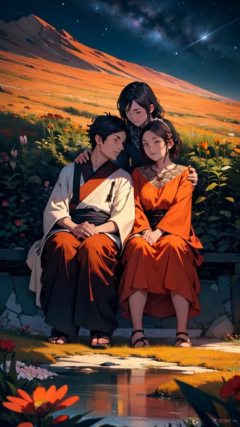 A mountain of flowers, it is a night sky, a beautiful couple is sitting, a couple is wearing short clothes, the sky is orange, moody color contrast, Anime look 