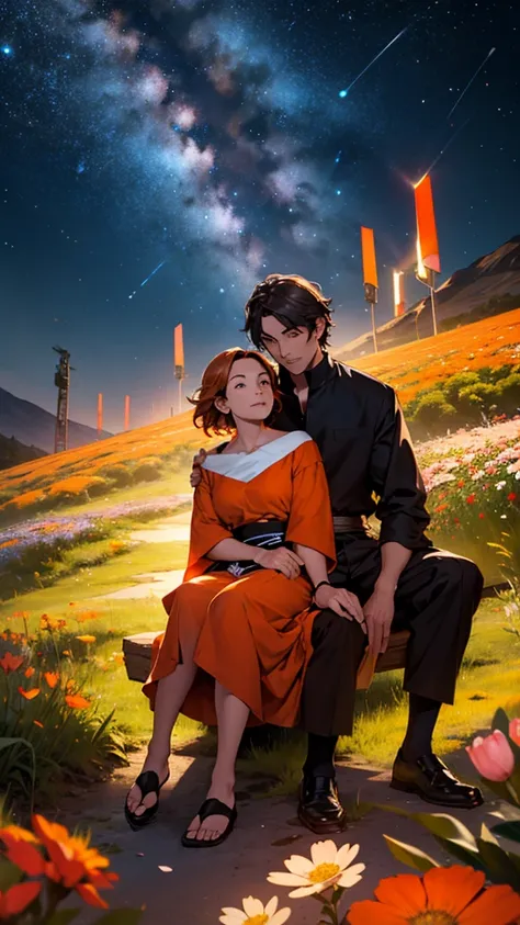 A mountain of flowers, it is a night sky, a beautiful couple is sitting, a couple is wearing short clothes, the sky is orange, moody color contrast, Anime look 