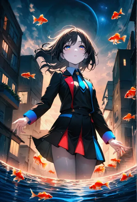 (female(student, age of 24, JK, short silver floating hair, cosmic colored eyes, black color uniform of school, pale skin, tired face with no shine in the eyes) is looking up at the sky), (so many goldfish are swimming in the air), beautiful sky, beautiful...