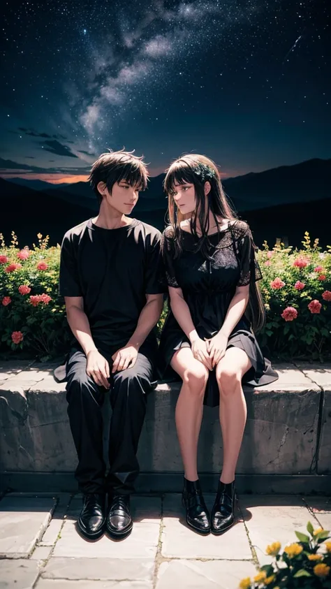 A mountain of flowers, it is a night sky, a beautiful couple is sitting, a couple is wearing short clothes, moody color contrast, Anime look 