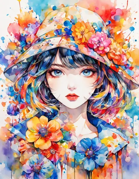 beautiful woman portrait, sylvia pelissero watercolors, colorful flowers、beautiful eyes、 abstract art, intense watercolor, water...