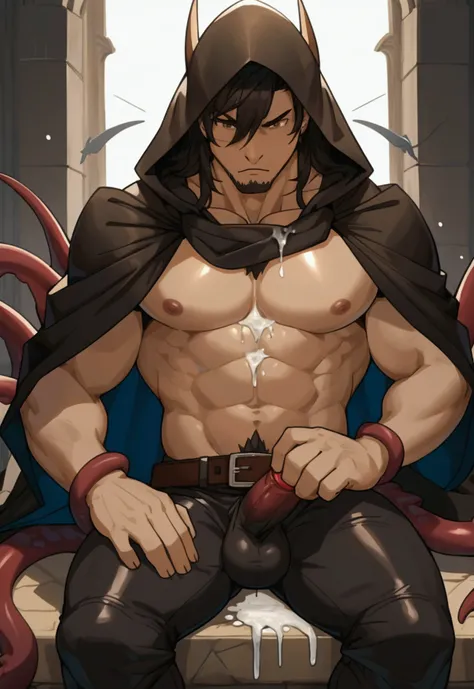 (absurdities, High resolution, ultra detailed), 1 male, adult, elegant, tall and muscular face, wide shoulders, finely detailed eyes, short black hair, Brown eyes, black cloak, wearing a hood, leather waistcoat, leather waist bag, 2 daggers on the belt, ca...