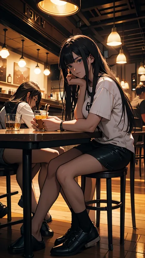 Young couple sitting inside a cafe. The long-haired girl is wearing short clothes.,  hip,  Colorful lights are burning in the cafe.. moody colors, sharpness 