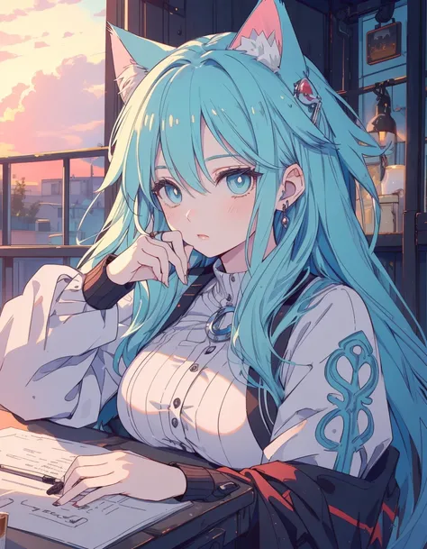 cafe, sunset, writing, thinking, ((masterpiece, best quality:1.5)), ((Beautiful detailed cat aqua eyes:1.2)), cat ears, pale skin, medium breasts, beautiful hands, beautiful fingers, EasyNegative