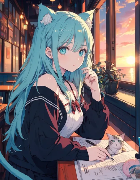 cafe, sunset, writing, thinking, ((masterpiece, best quality:1.5)), ((Beautiful detailed cat aqua eyes:1.2)), cat ears, pale skin, medium breasts, beautiful hands, beautiful fingers, EasyNegative