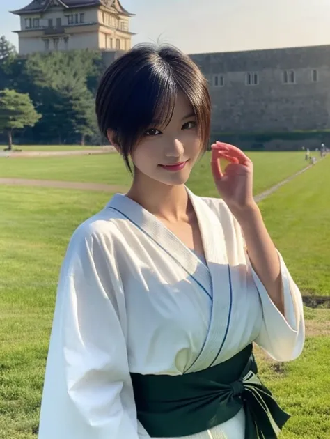 20 year old Japanese beauty，Slim and cute、Bulge of lateral breasts、Slit eyes、I can see from head to toe，Bust is very very large、The background is an old Japanese castle、High quality photos、Clear, crisp images of the lower body、Masterpiece 8k、Smiling、Wearin...