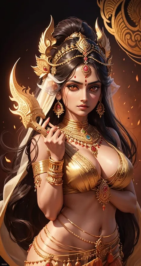 a beautiful hindu goddess, detailed face HD, piercing eyes, full lips, long flowing dark white sari, holding a trishul, a majestic lion nearby, intricate jewelry, glowing ethereal aura, highly detailed, photorealistic, dramatic lighting, vibrant colors, or...